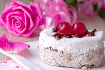Celebratory cake with cherries