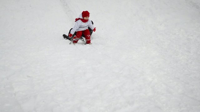 Family sledding, snow covered the hills, falling sledge