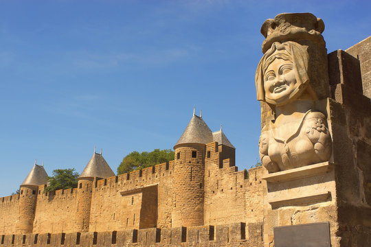 The statue of Dame Carcas outside Carcassonne, France