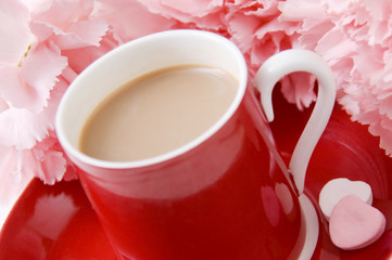 Coffee Cup with Carnations and Pink Valentine Hearts