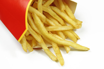 french fries in a red paper wrapper