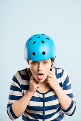 funny woman wearing cycling helmet portrait real people high def