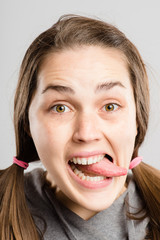 funny woman portrait real people high definition grey background