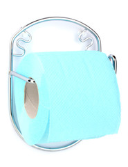 Roll of toilet paper on  holder fixed to wall isolated on white