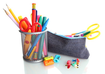 pencil box with school equipment isolated on white