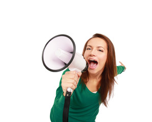 portrait of young girl shouting with megaphone