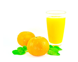 Orange fruit and juiceon white background