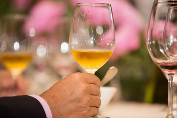 Copa de vino tardio, dulce en mano. Botella.