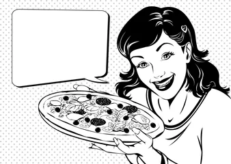 Crédence de cuisine en verre imprimé Des bandes dessinées Fille de pizza vintage