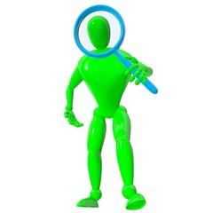 3d man with blue magnifier isolated rendered