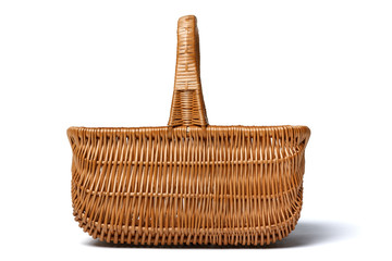 Side view of empty wicker basket isolated on white