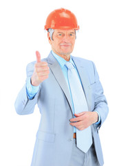 Engineer of age, his thumb up.