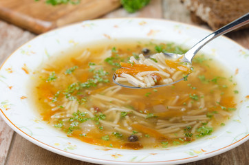 spoon of chicken soup with noodles and carrots closeup