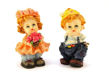 Loving couple with gifts on white background