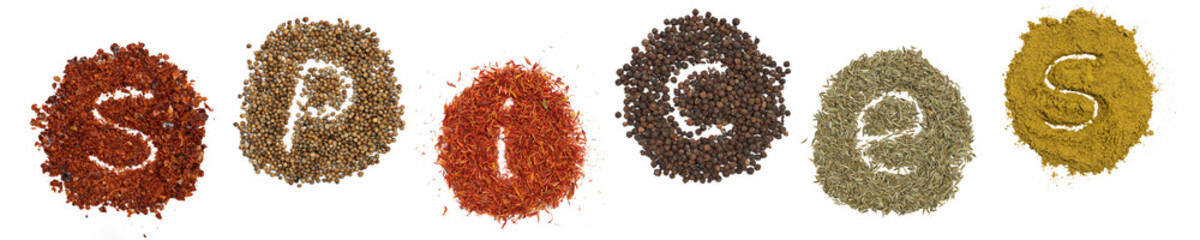 Spices chilli, curry, saffron,corriander, cumin, black pepper