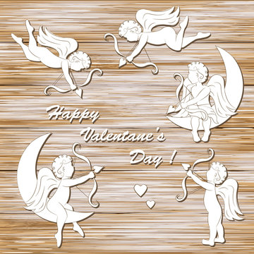 Happy valentine`s day, set of cupid on a wood background