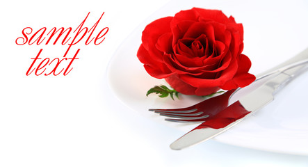 Closeup of red rose and cutlery on white plate