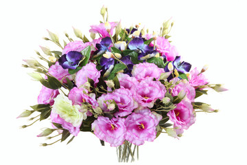 bouquet of artificial lisianthus and viola on a white background