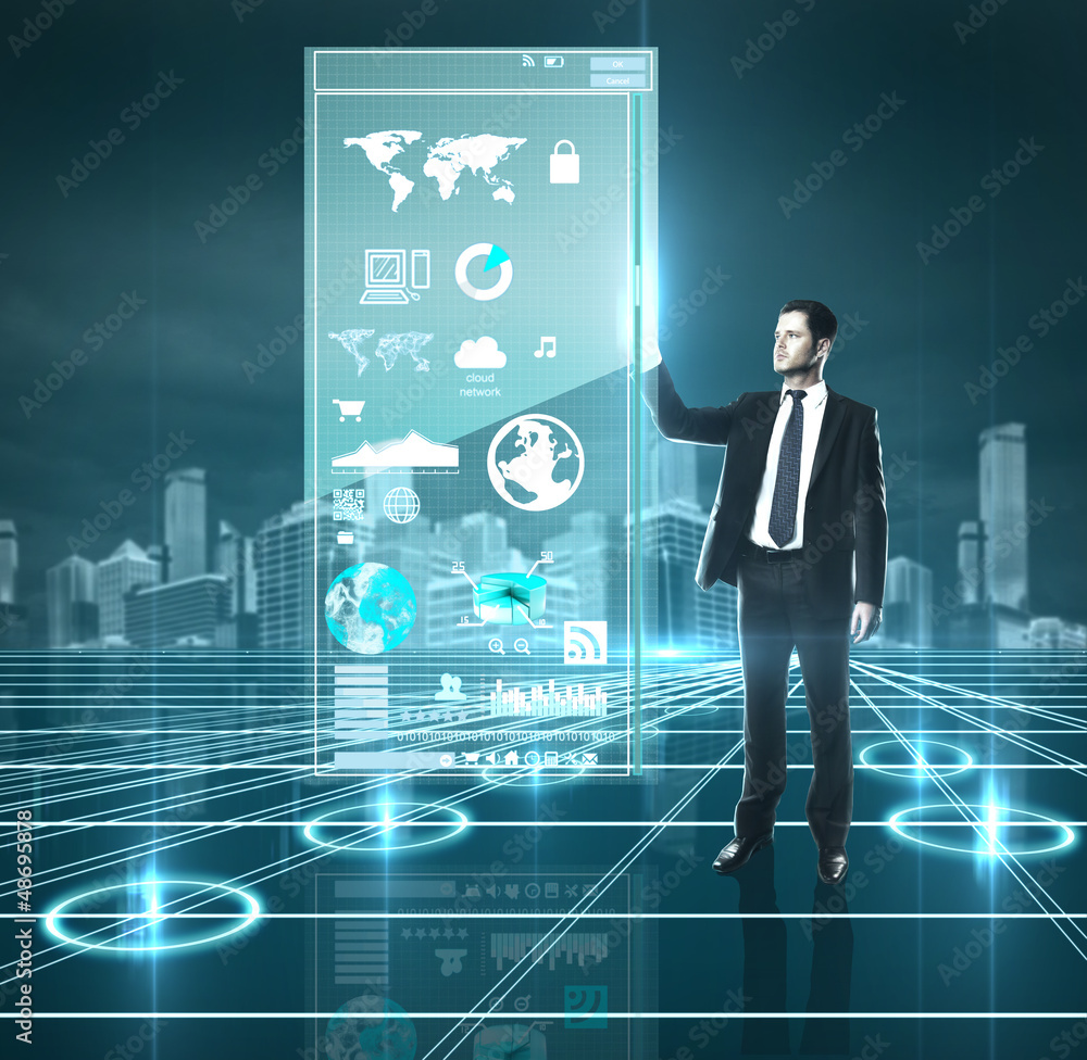Poster man presses interface