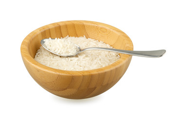 wood bowl with rice and steel spoon