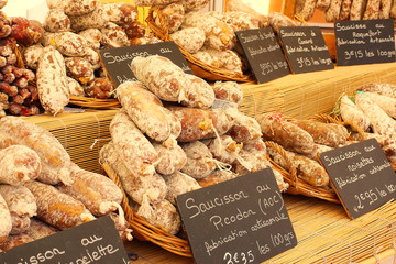 Artisan sausage for sale in the market, Provence, France.