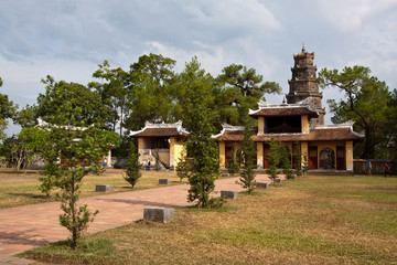 view of courtyard Thien Mu pagoda in Hue, central Vietnam