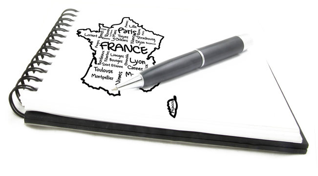 France map and words cloud with larger cities