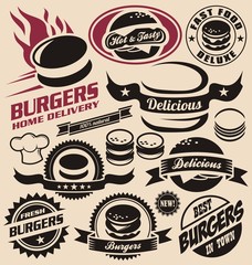 Icônes, étiquettes, signes, symboles de hamburger et de restauration rapide