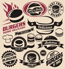Cercles muraux Poster vintage Icônes, étiquettes, signes, symboles de hamburger et de restauration rapide