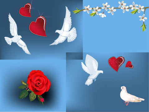doves, flowers and hearts on blue