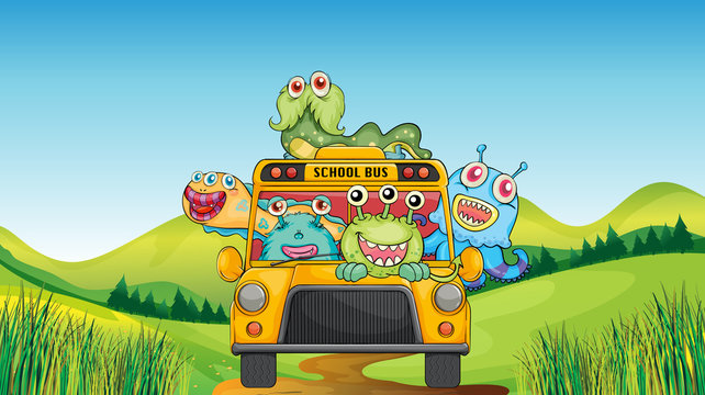 Smiling monsters and school bus