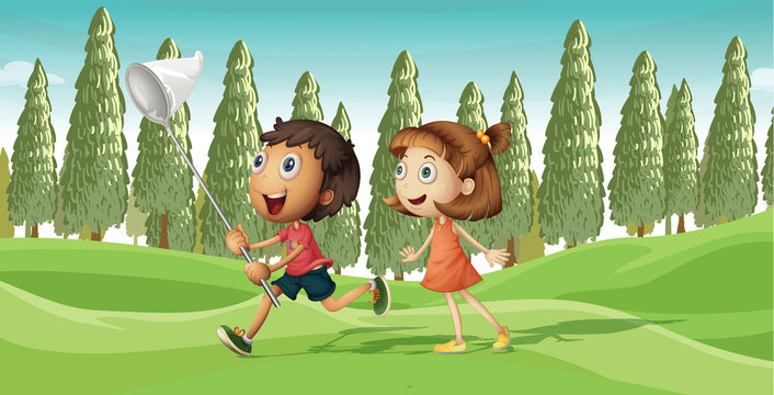 A running boy and a girl