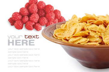 Corn flakes in a dish on white background with the berries