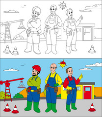 Coloring page for little kids: workers in a construction site.