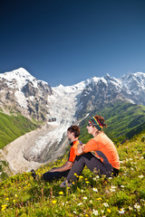 Hiker take a rest during hiking in Caucasus mountains, Georgia