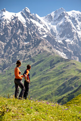 Fototapeta na wymiar Trekking in Caucasus mountains Georgia, Svaneti region