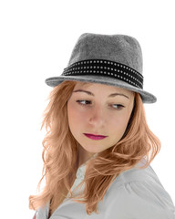 Portrait of a girl in a hat. Isolate on white background