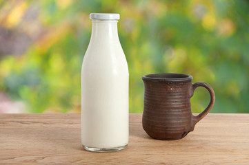 A bottle of milk and mug