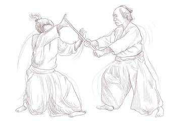 Aikido, Japanese martial art. (Original, hand drawing.)