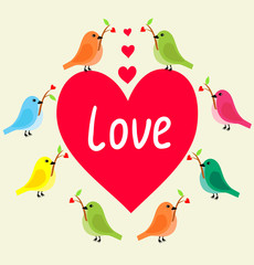 Birds with heart`s branch in Love Banner.