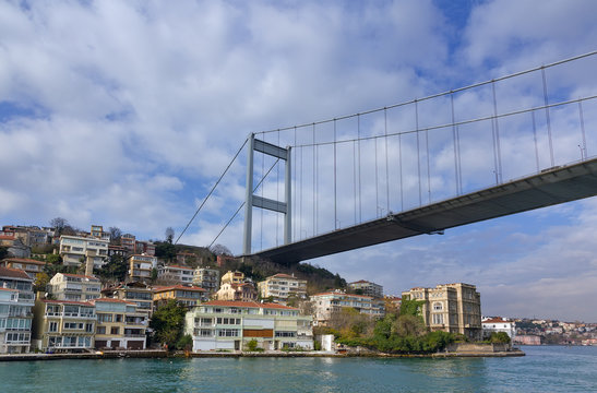 Fatih Sultan Mehmet Bridge over a neighborhood, Istanbul, Turkey