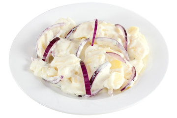 potato salad with mayonnaise on the plate on white background