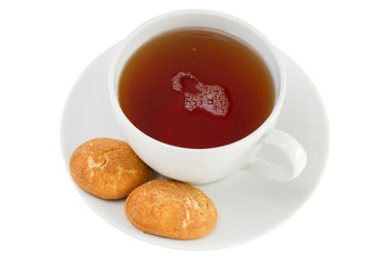 cup of tea with cookies on white background