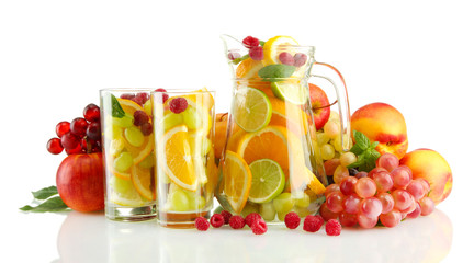 transparent jar and glasses with exotic  fruits, isolated