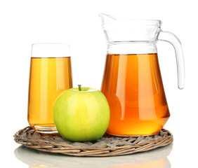 Full glass and jug of apple juice and apple isolted on white
