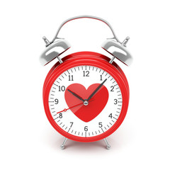 Isolated red clock with heart on clock face on white background