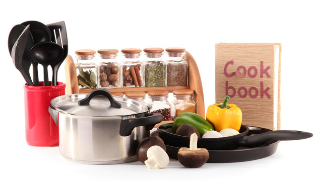 composition of kitchen tools,spices and vegetables isolated