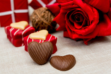 chocolate, gift box and flowers for Valentine's day