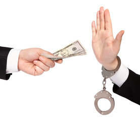 isolated businessman hands one gives money another refuses