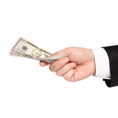 isolated hand of a businessman in a suit holding a money